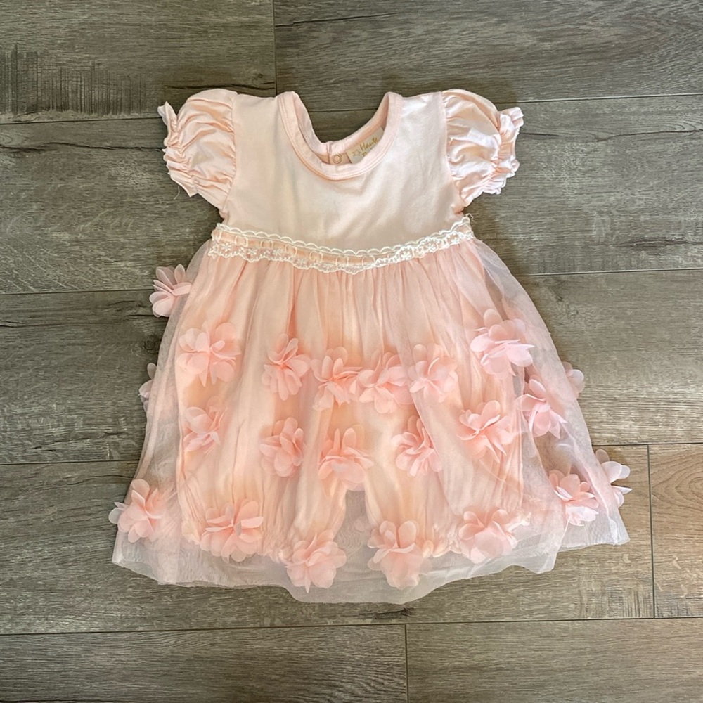 Haute Baby Baby Girl's Peach Blossom Floral Dress - Romper w/Tulle Floral Skirt